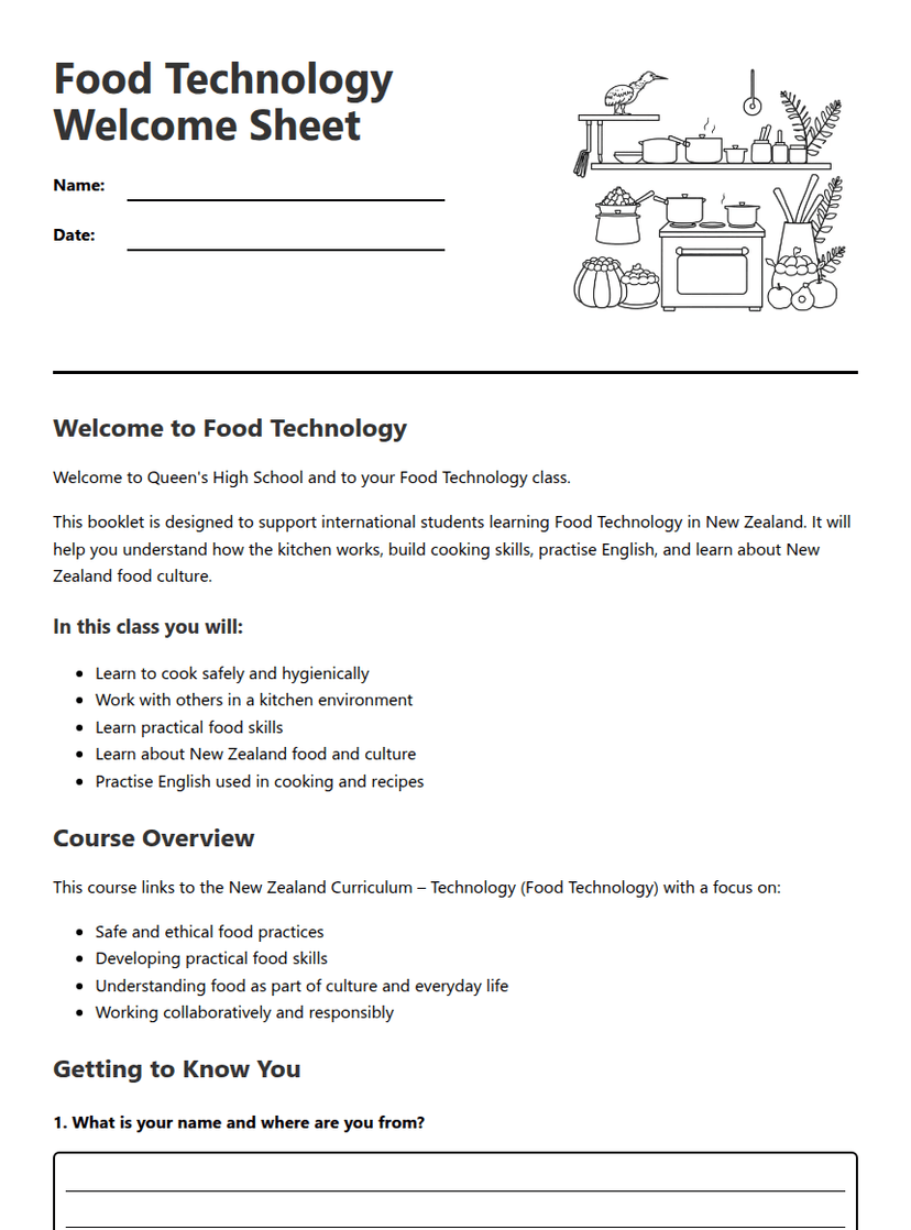 Food Technology Welcome Sheet