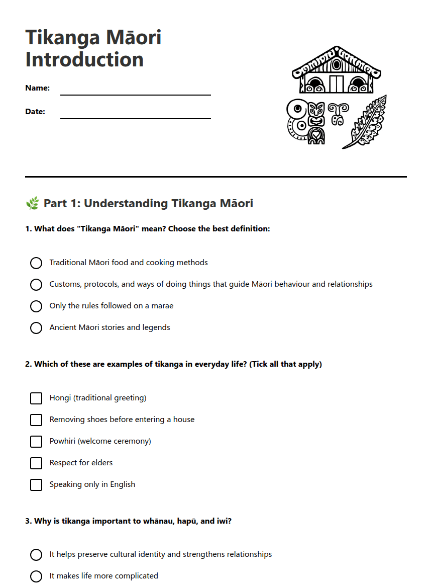 Tikanga Māori Introduction worksheet preview
