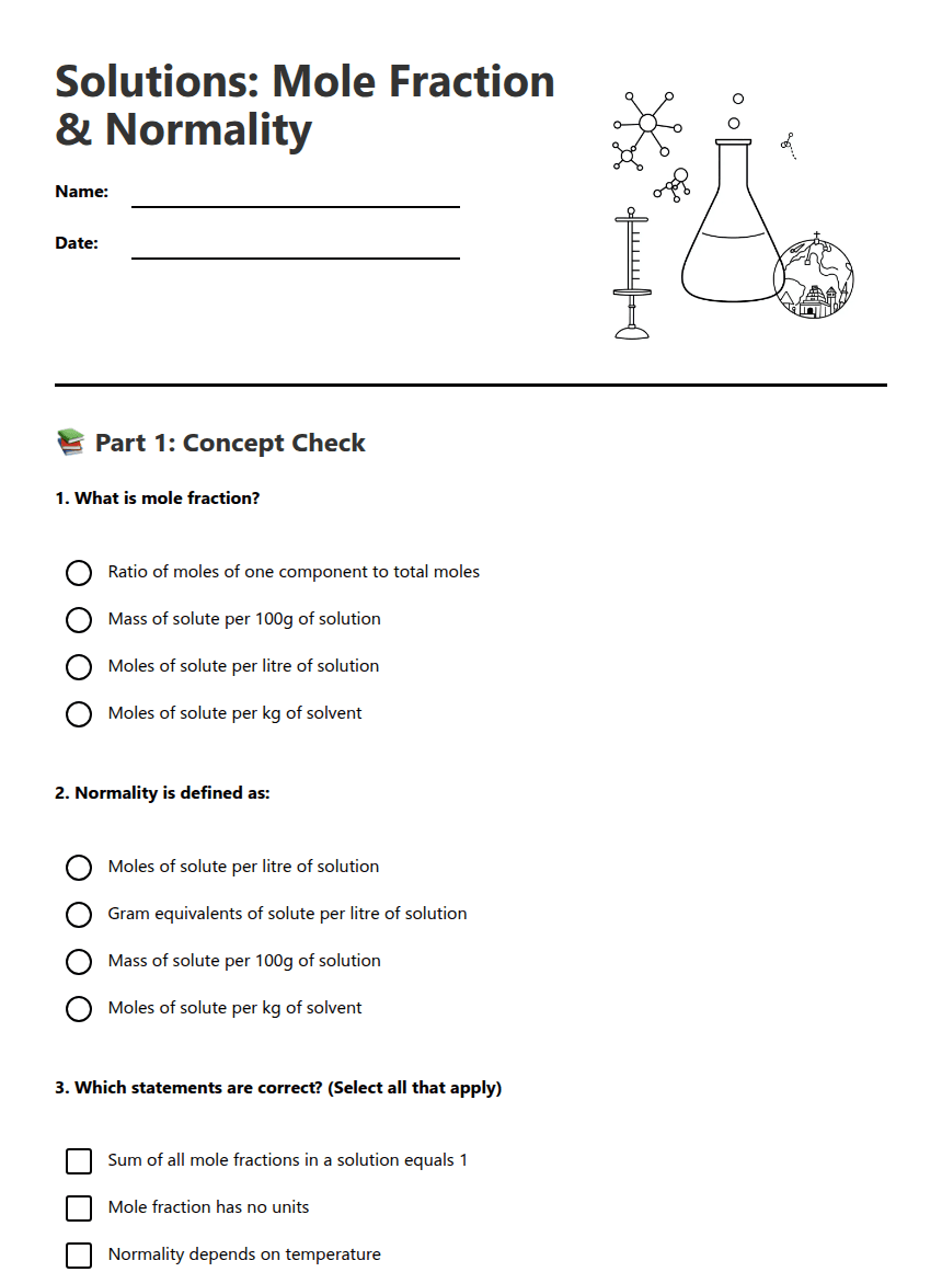 Solutions: Mole Fraction Normality worksheet preview