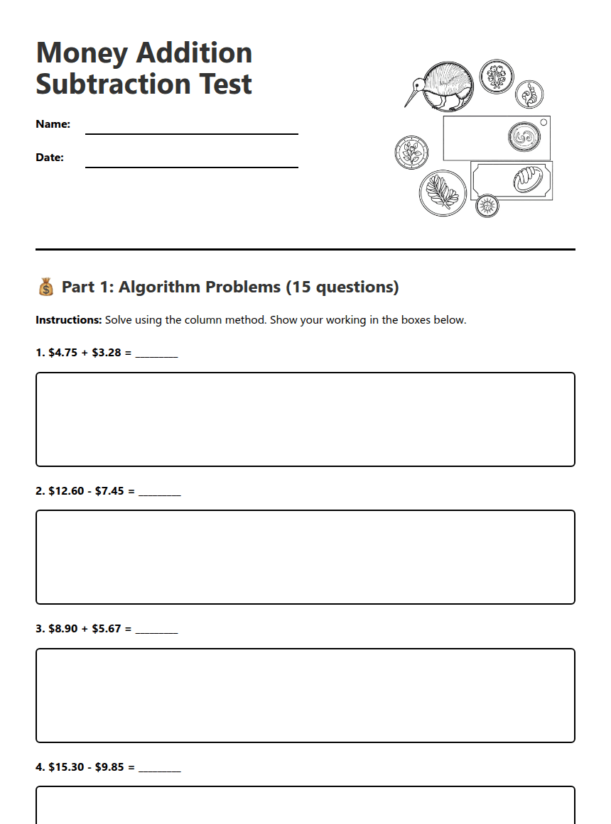 Money Addition Subtraction Test worksheet preview