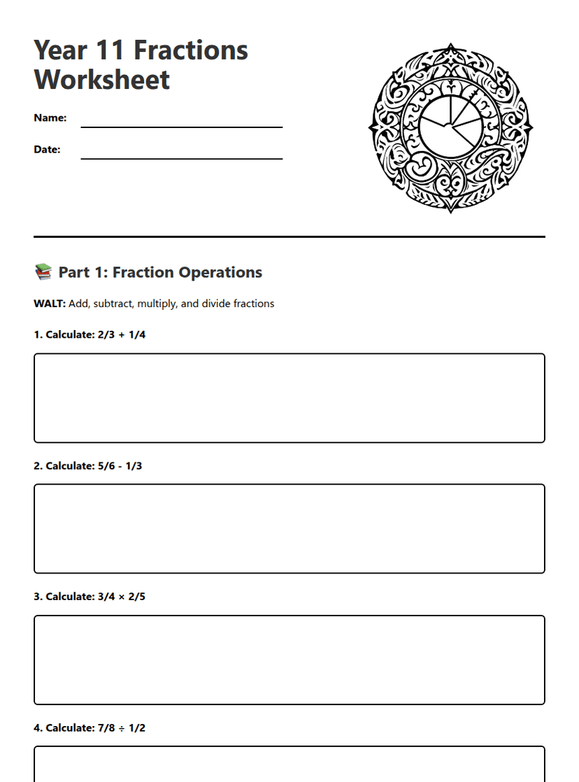 Year 11 Fractions Worksheet