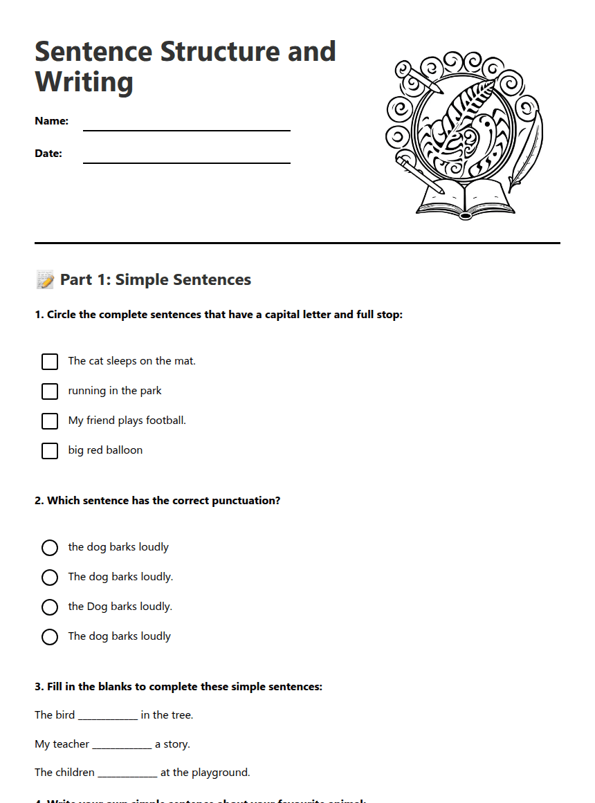 Sentence Structure and Writing worksheet preview