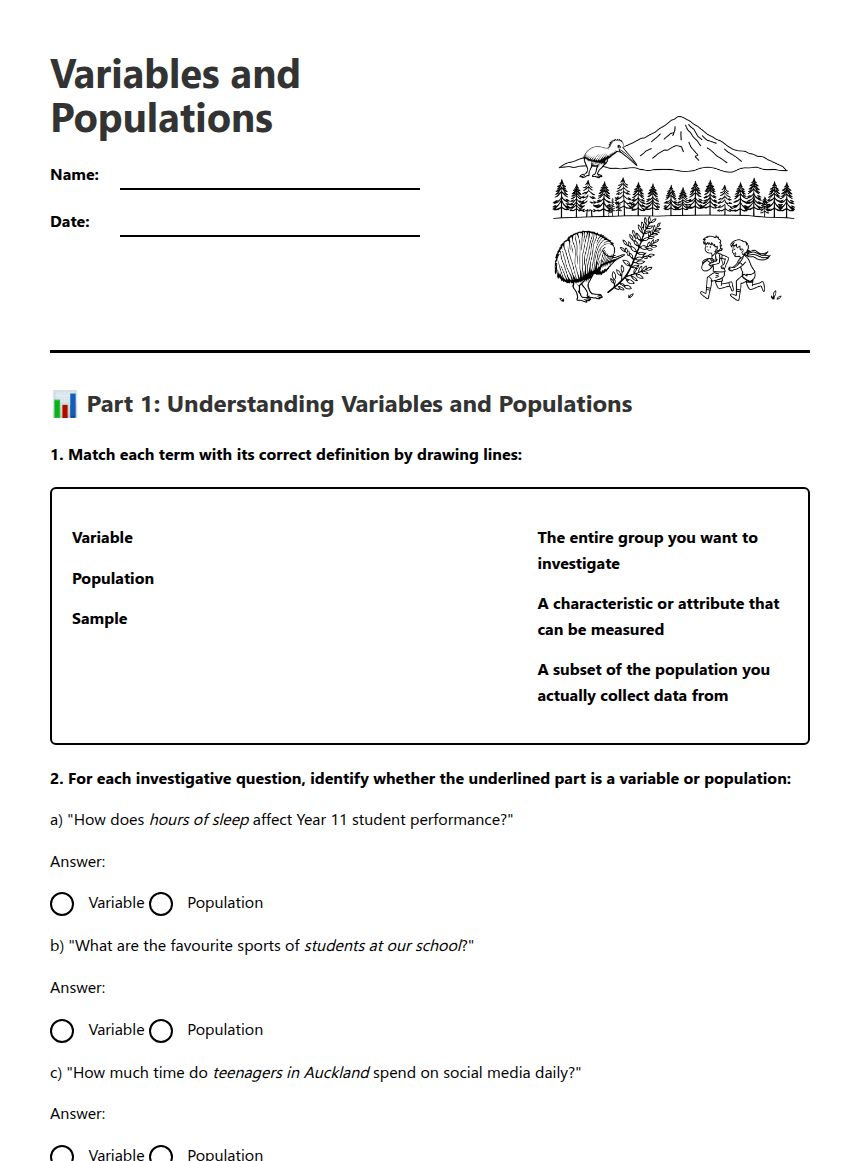 Variables and Populations worksheet preview