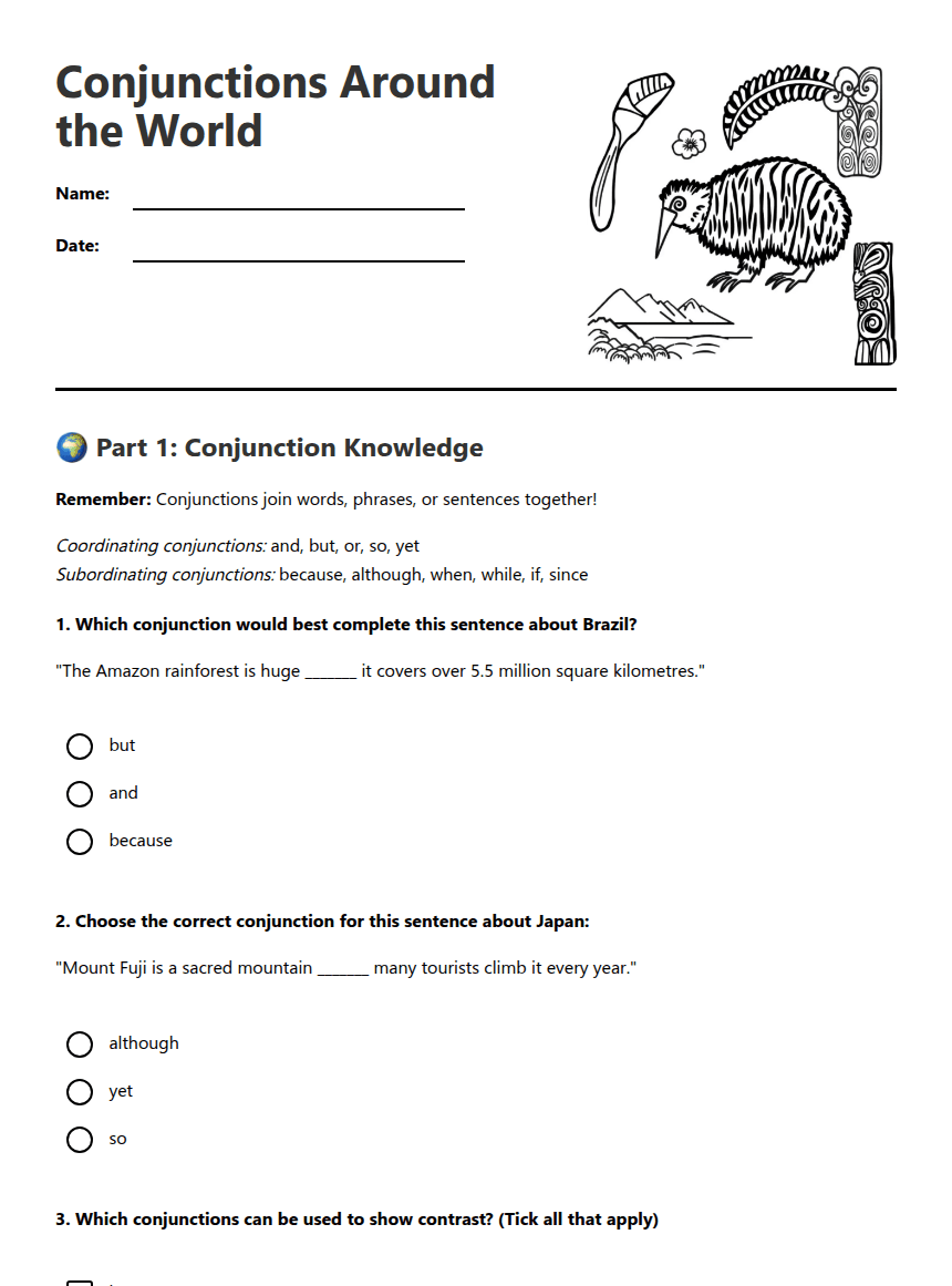 Conjunctions Around the World worksheet preview