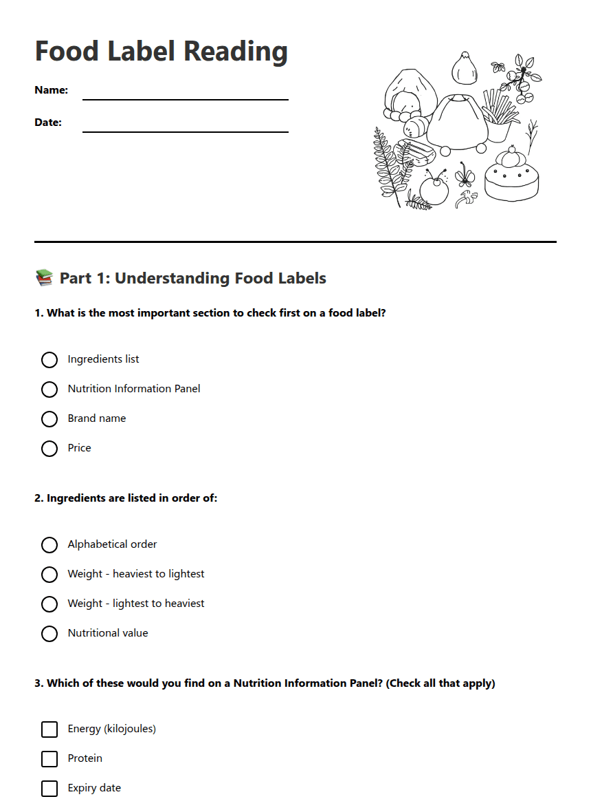 Food Label Reading worksheet preview