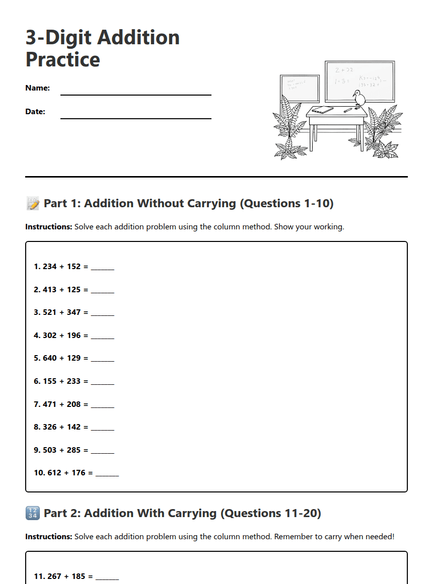 3-Digit Addition Practice worksheet preview