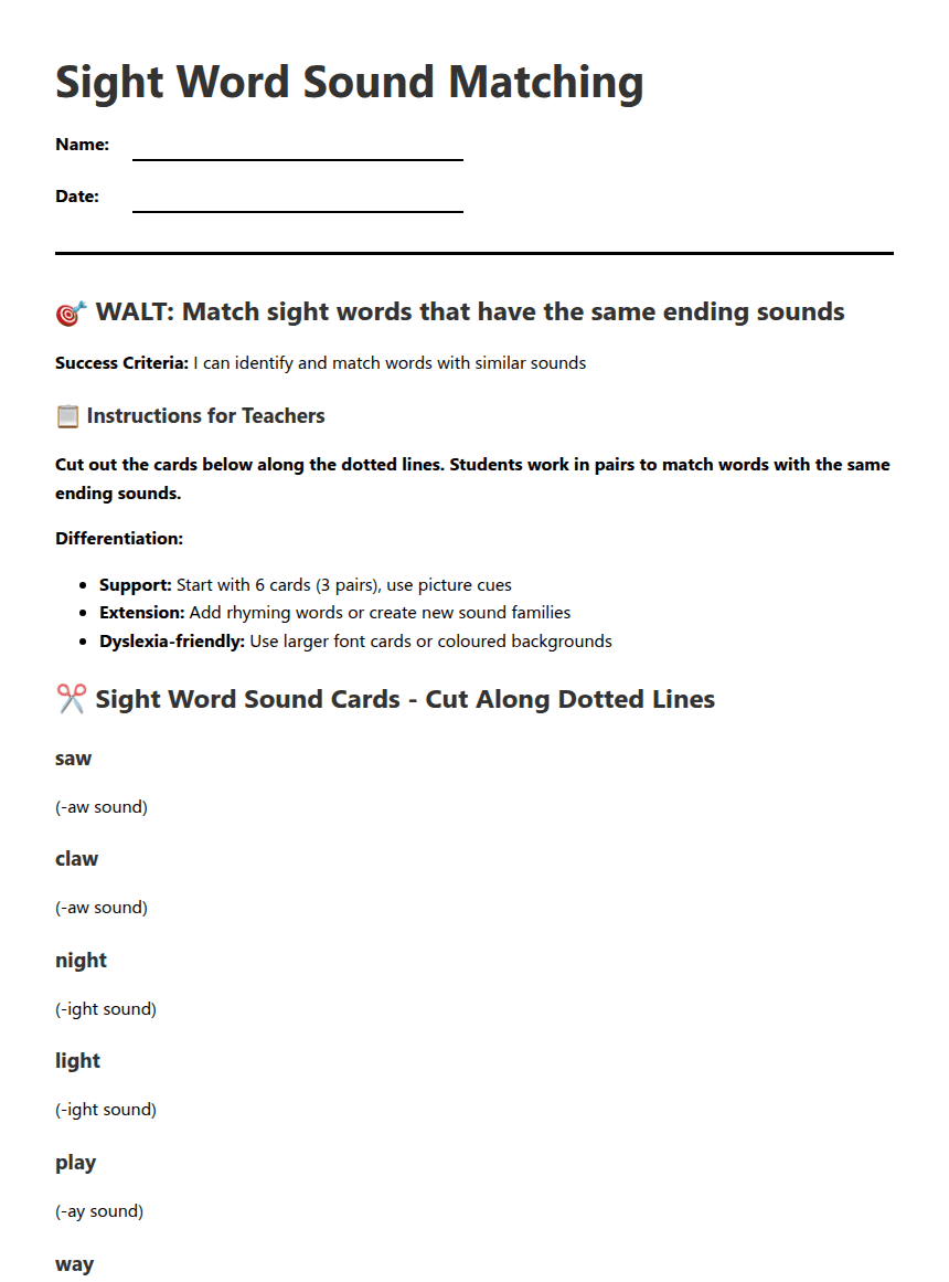 Sight Word Sound Matching worksheet preview