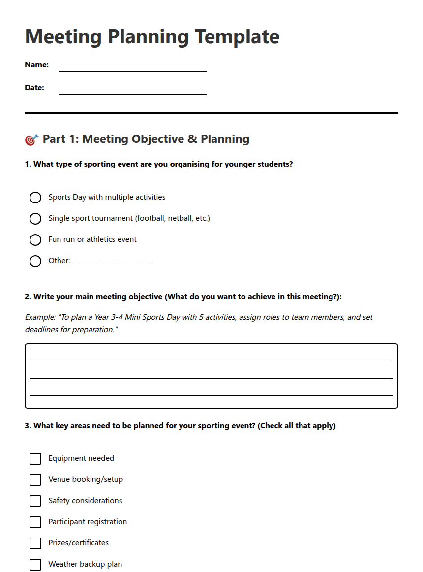 Meeting Planning Template worksheet preview