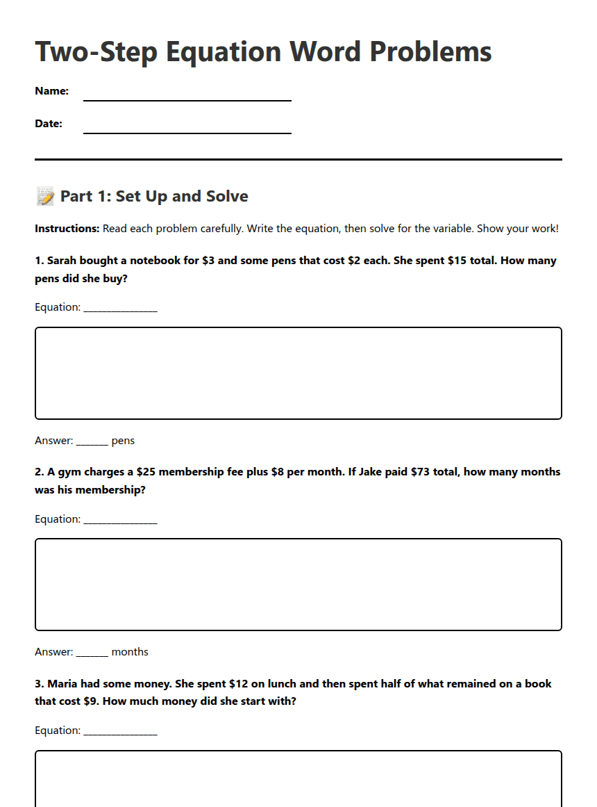 Two-Step Equation Word Problems worksheet preview