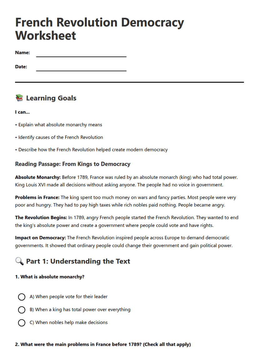 French Revolution Democracy Worksheet