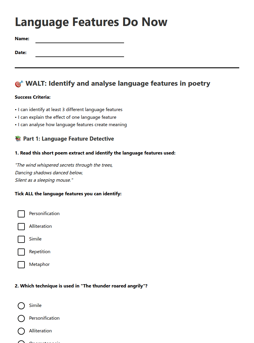 Language Features Do Now worksheet preview