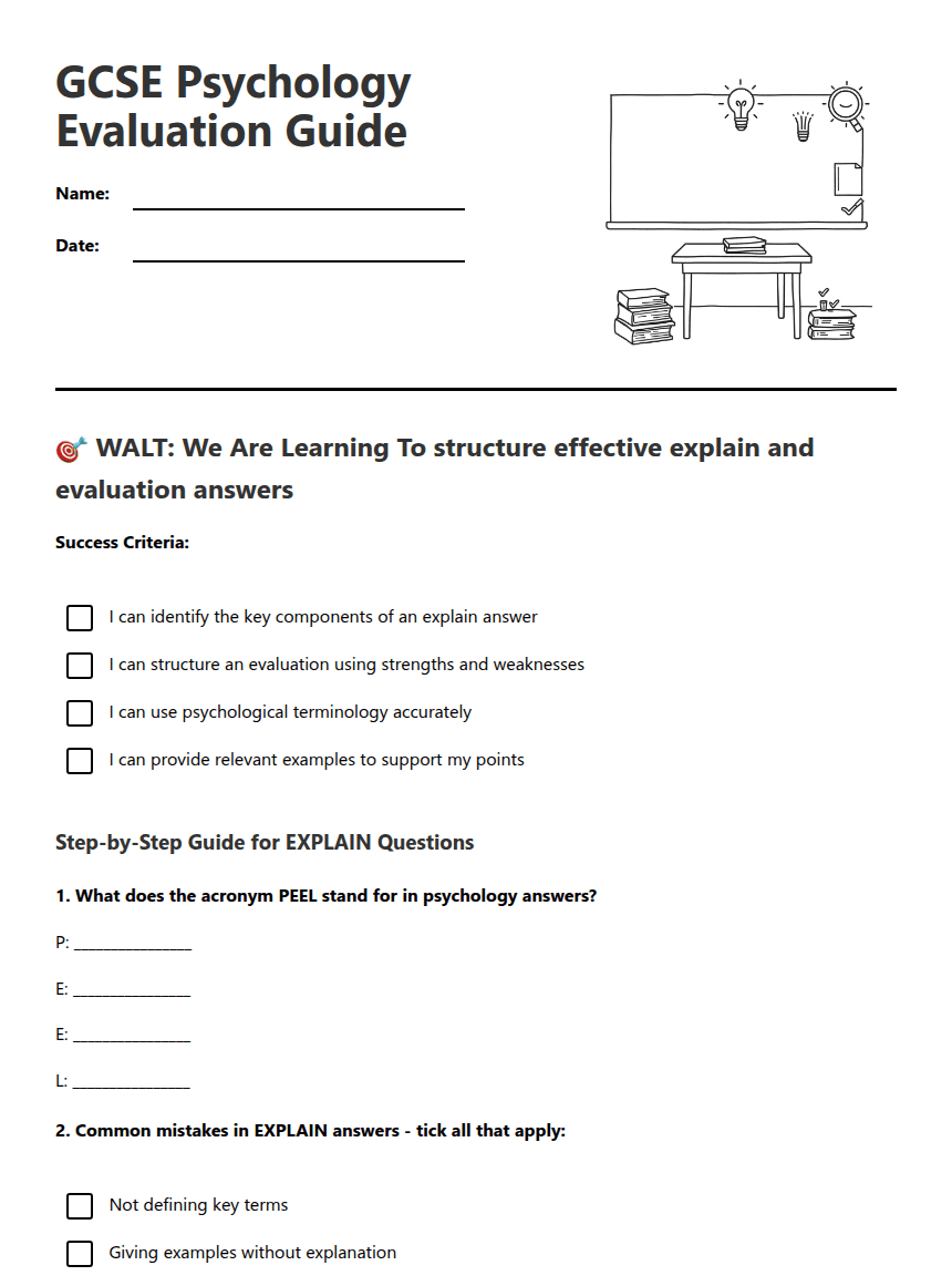 GCSE Psychology Evaluation Guide worksheet preview