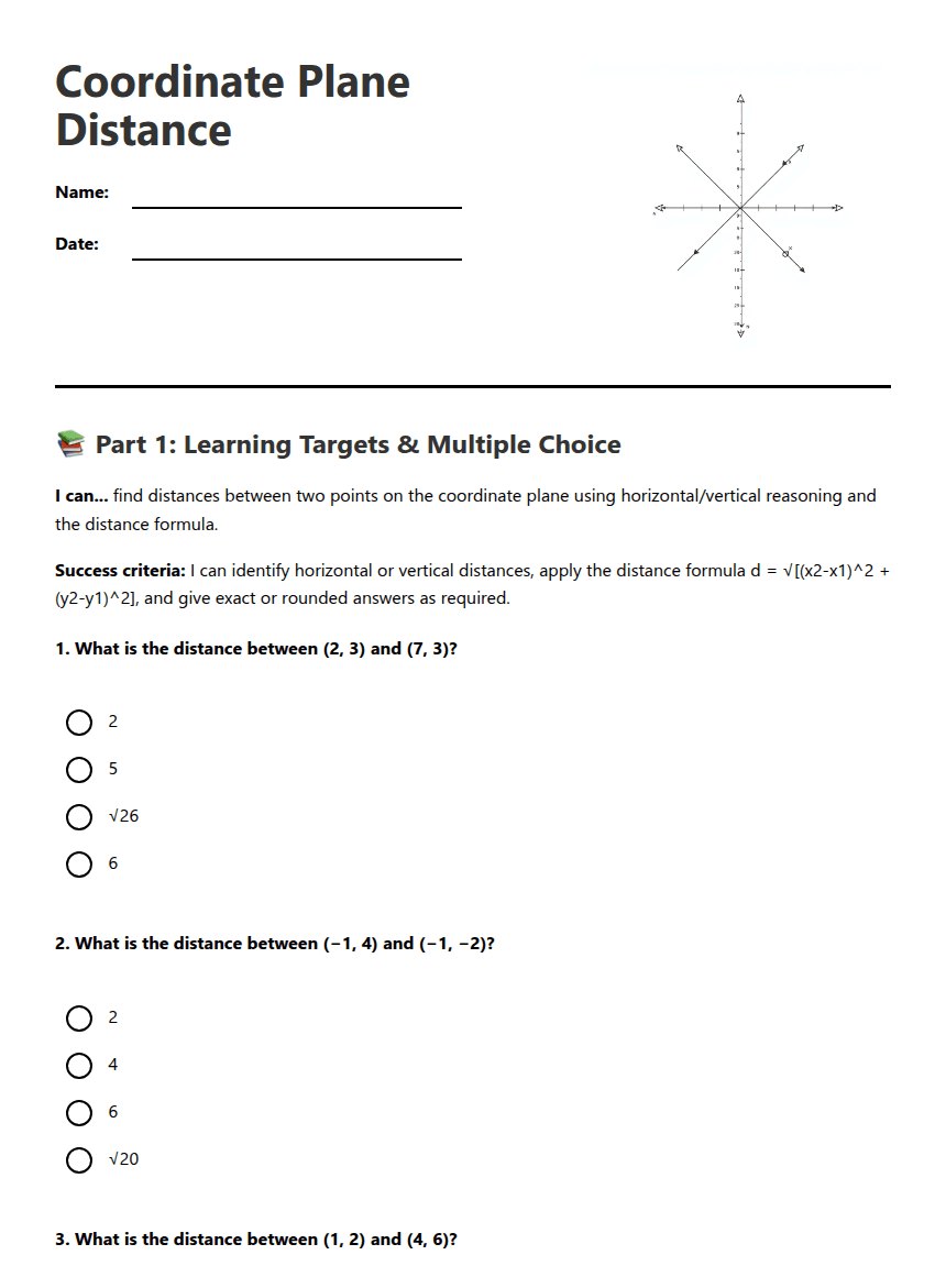 Coordinate Plane Distance worksheet preview