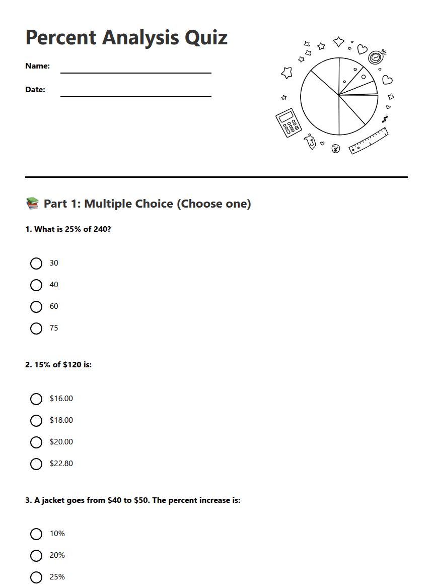 Percent Analysis Quiz worksheet preview