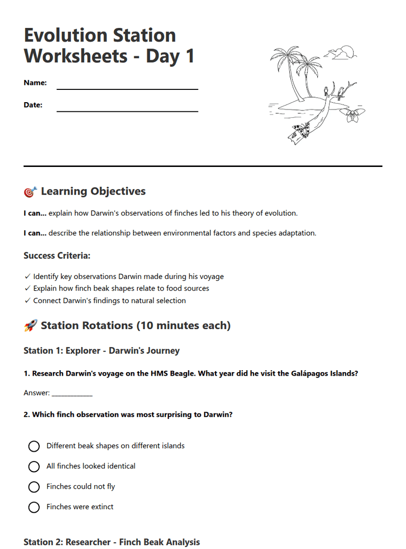 Evolution Station Worksheets