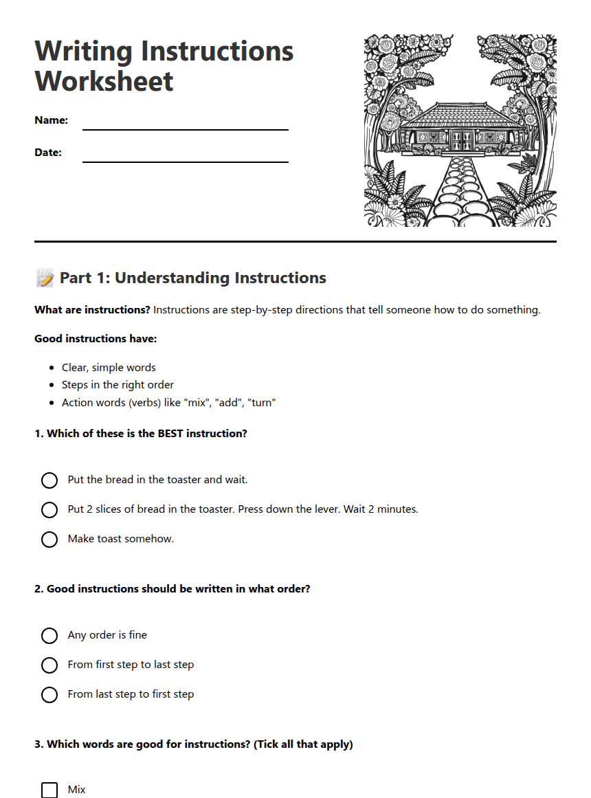 Writing Instructions Worksheet worksheet preview