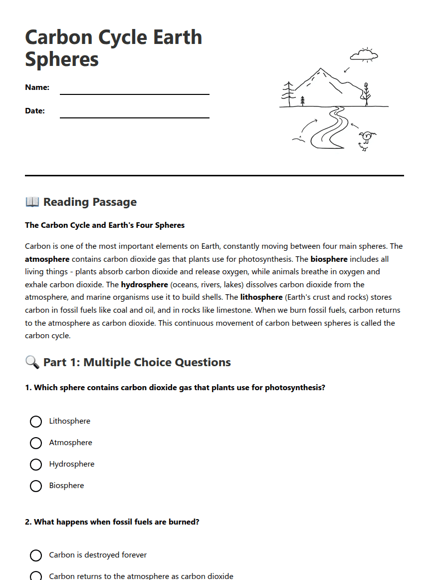 Carbon Cycle Earth Spheres worksheet preview