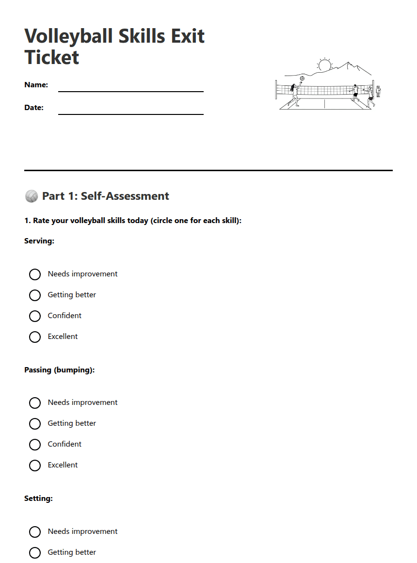 Volleyball Skills Exit Ticket worksheet preview