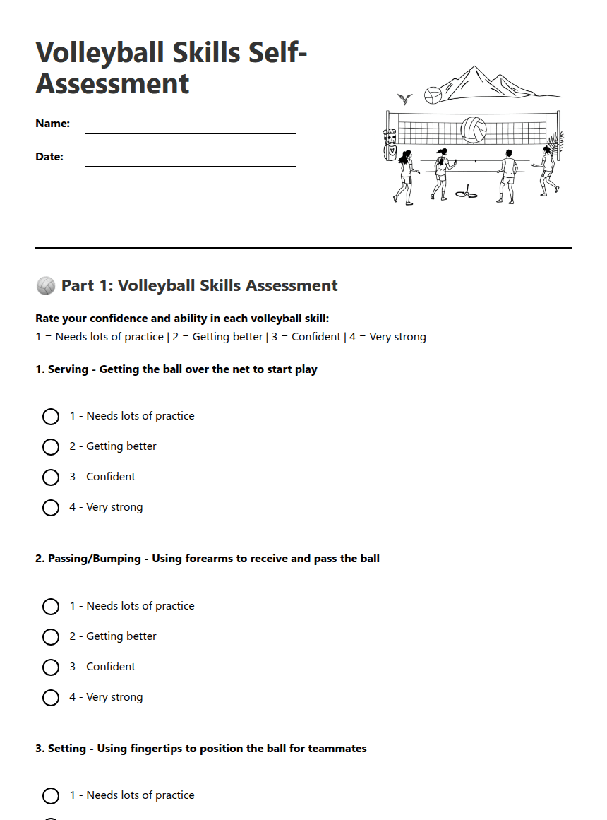 Volleyball Skills Self-Assessment worksheet preview
