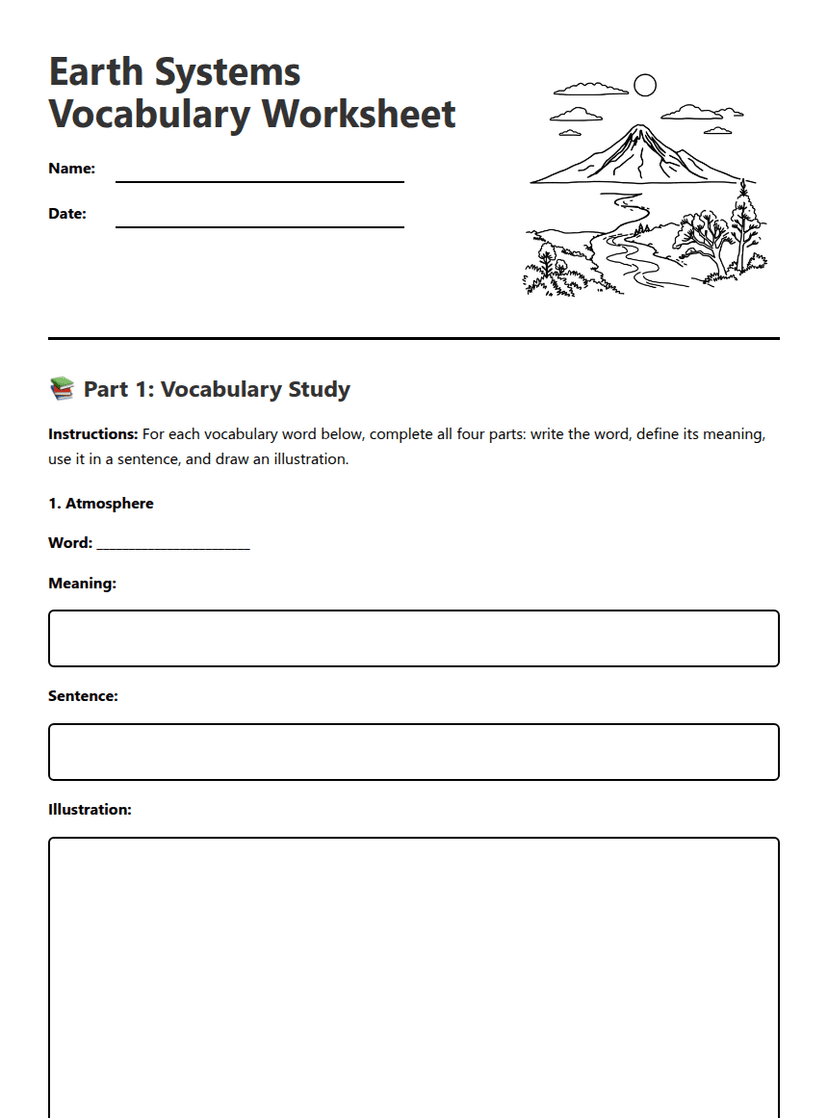 Earth Systems Vocabulary Worksheet