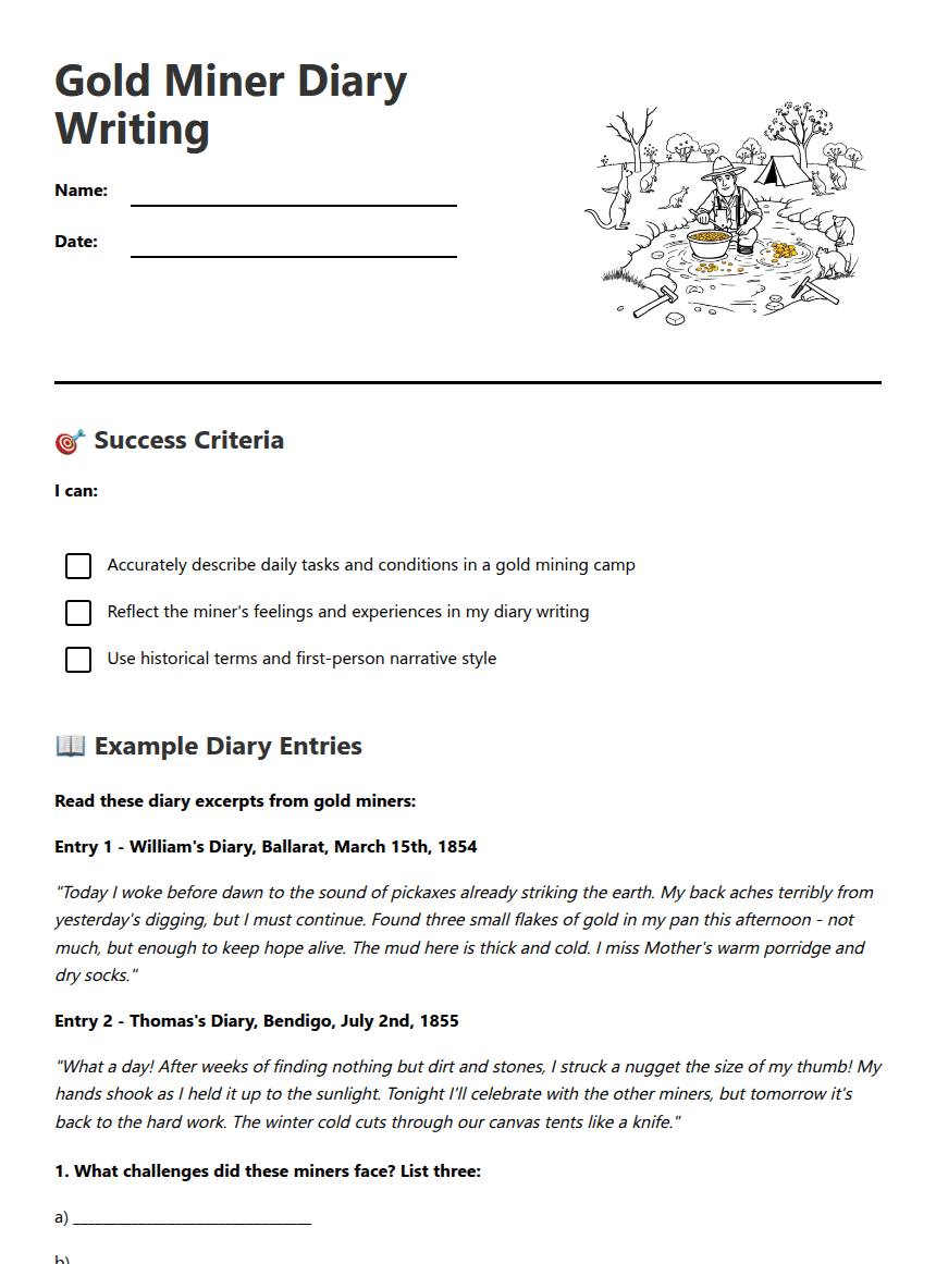 Gold Miner Diary Writing worksheet preview