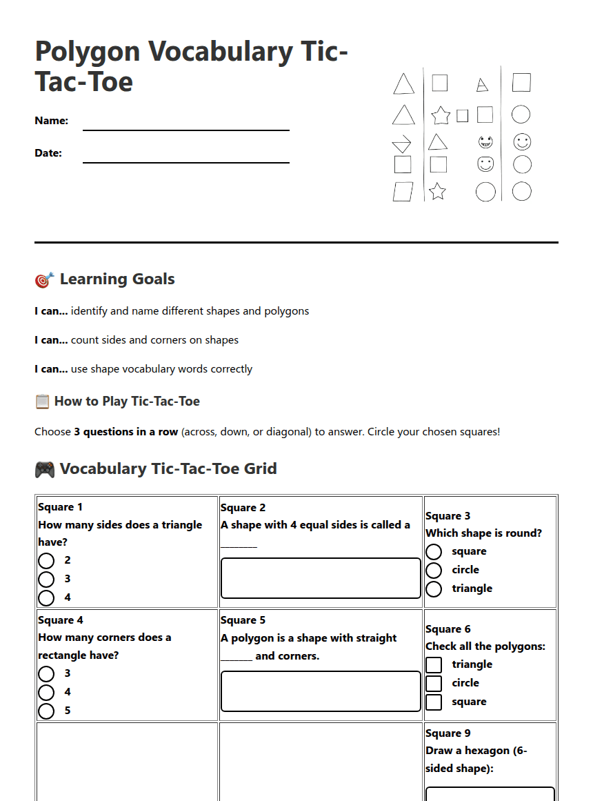 Polygon Vocabulary Tic-Tac-Toe worksheet preview