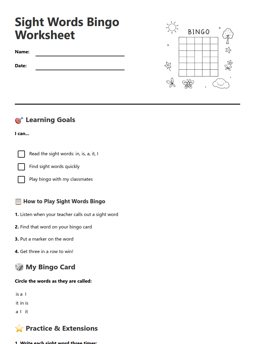 Sight Words Bingo Worksheet worksheet preview