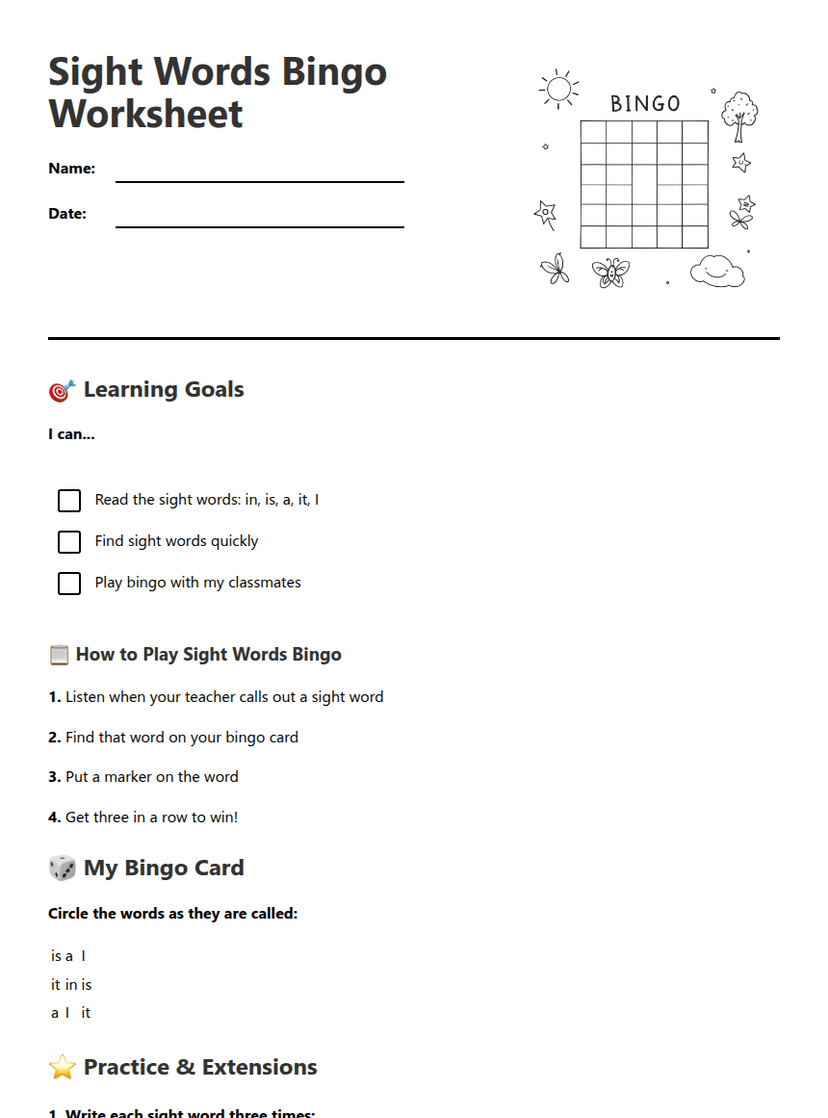 Sight Words Bingo Worksheet